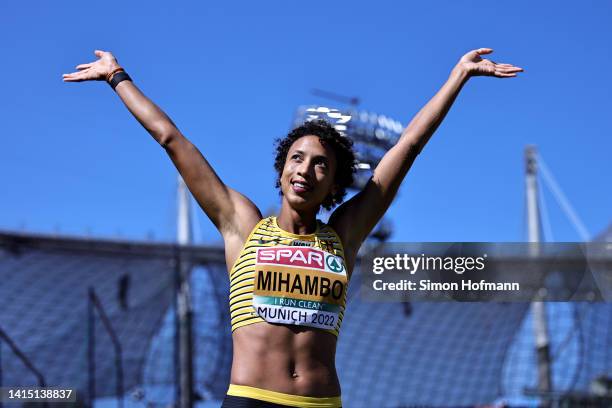 Malaika Mihambo of Germany reacts during the Women's Long Jump Qualification during the Athletics competition on day 6 of the European Championships...