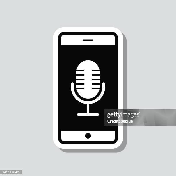 smartphone with microphone. icon sticker on gray background - microphone 3d stock illustrations