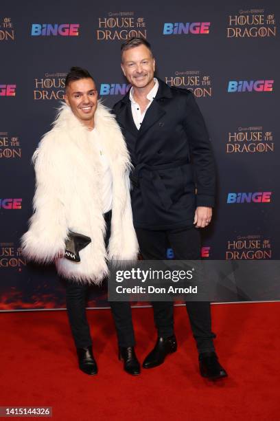 Anthony Callea and Tim Campbell arrives at the Australian Premiere of "House Of The Dragon" at Hoyts Entertainment Quarter on August 16, 2022 in...