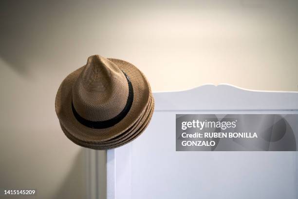 many straw hats hanging at the corner of a furniture. fashion concept. - straw ストックフォトと画像