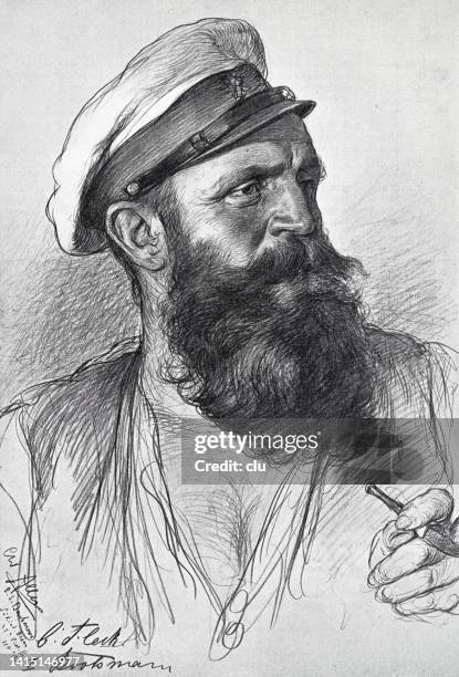 on a passenger ship, a boatswain with long beard holding a cigarette - long beard stock illustrations