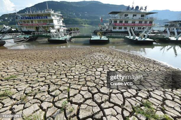 General view of the cracked riverbed due to drought in the Chongqing section of Yangtze River on August 16, 2022 in Yunyang, Chongqing Municipality...