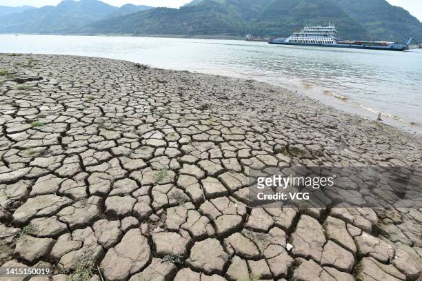 General view of the cracked riverbed due to drought in the Chongqing section of Yangtze River on August 16, 2022 in Yunyang, Chongqing Municipality...