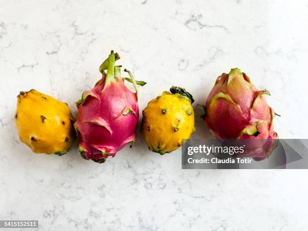 variety of pitaya (dragon fruit) on white background - röd pitahayafrukt bildbanksfoton och bilder