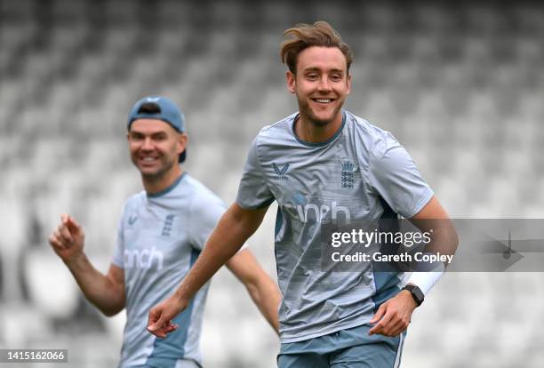 Stuart Broad and James Anderson of England during a nets session at Lords Cricket Ground on August 16, 2022 in London, England.