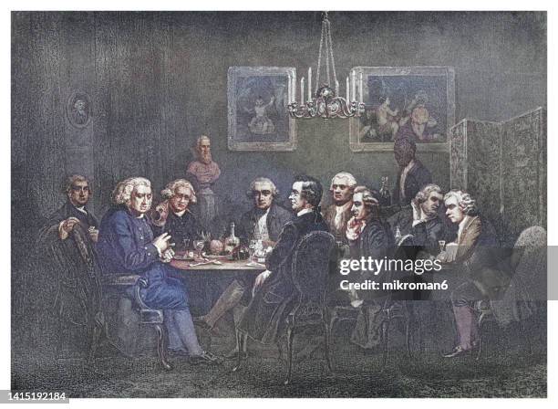 old engraved illustration of a literary party at sir joshua reynolds by james william edmund doyle (london, 1781) - india reynolds - fotografias e filmes do acervo