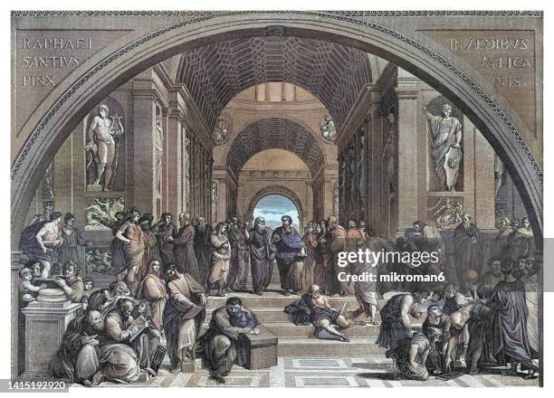 old engraved illustration of the school of athens, plato - greek philosopher born in athens during the classical period in ancient greece - grecia antigua fotografías e imágenes de stock