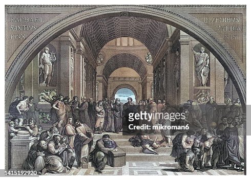 Old engraved illustration of the school of Athens, Plato - Greek philosopher born in Athens during the Classical period in Ancient Greece