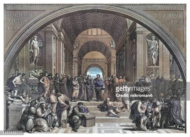 old engraved illustration of the school of athens, plato - greek philosopher born in athens during the classical period in ancient greece - ancient civilization stock pictures, royalty-free photos & images
