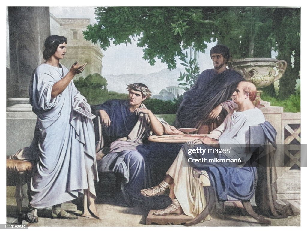 Old engraved illustration of Virgil, Horace and Varius at the house of Maecenas