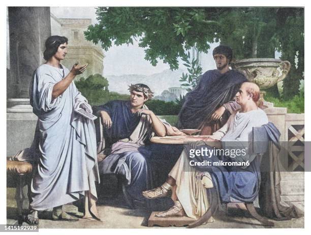 old engraved illustration of virgil, horace and varius at the house of maecenas - ancient civilization stockfoto's en -beelden