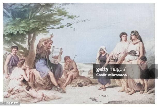 old engraved illustration of homer reciting the iliad - legendary author to whom the authorship of the iliad and the odyssey - homer stock-fotos und bilder