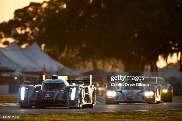 The Audi Sport Team Joest Audi R18 driven by Andre Lotterer of Germany, Benoit Treluyer of France and Marcel Fassler of Switzerland during the 2012...