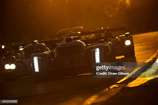 The Audi Sport Team Joest Audi R18 driven by Andre Lotterer of Germany, Benoit Treluyer of France and Marcel Fassler of Switzerland during the 2012...