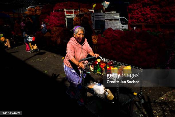 Mexican street vendor carries her cart along the piles of marigold flowers for the Day of the Dead celebrations on October 28, 2021 in Mexico City,...