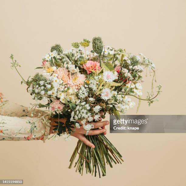 woman holding bouquet of flowers studio shot pastel - bunch bildbanksfoton och bilder