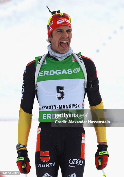 Arnd Peiffer of Germany reacts after the Men's 15km Mass Start event of the IBU Biathlon World Cup at A.V. Philipenko winter sports centre on March...