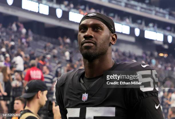 Defensive end Chandler Jones of the Las Vegas Raiders walks off the field after the team's 26-20 victory over the Minnesota Vikings in their...
