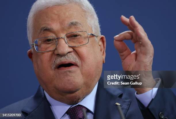 Mahmoud Abbas, President of the Palestinian National Authority, speaks to the media with German Chancellor Olaf Scholz following talks at the...