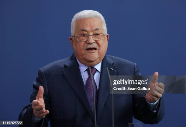 Mahmoud Abbas, President of the Palestinian National Authority, speaks to the media with German Chancellor Olaf Scholz following talks at the...