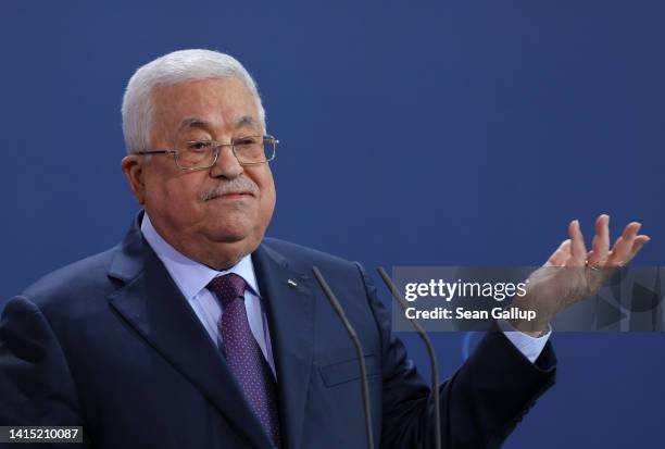 Mahmoud Abbas, President of the Palestinian National Authority, speaks to the media with German Chancellor Olaf Scholz following talks at the...