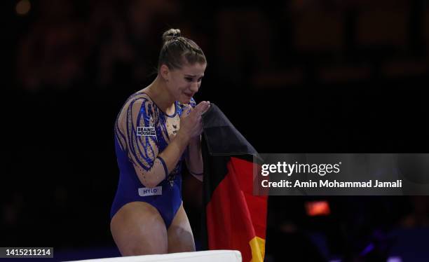 Gold medalist, Elisabeth Seitz of Germany reacts after winning in the Women's Uneven Bars Final during the Artistic Gymnastics competition on day 4...