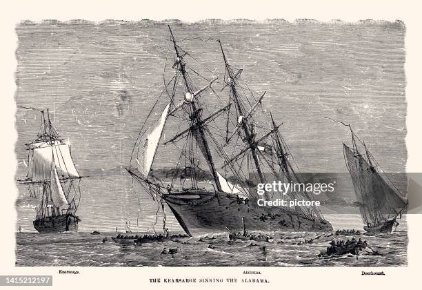 cherbourg,france 1864 : the uss kearsarge sinks css alabama (xxxl with lots of details) - civil war illustration stock illustrations