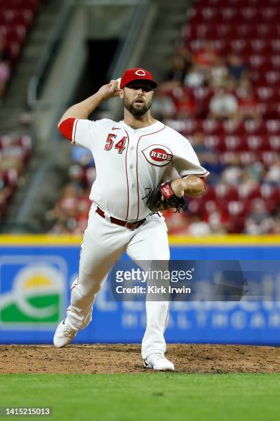 Hunter Strickland of the Cincinnati Reds pitches during the game against the Philadelphia Phillies at Great American Ball Park on August 15, 2022 in...