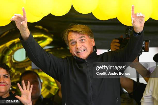 President of Brazil Jair Bolsonaro, who is running for re-election, delivers a speech during his first campaign rally ahead of October 2nd elections...