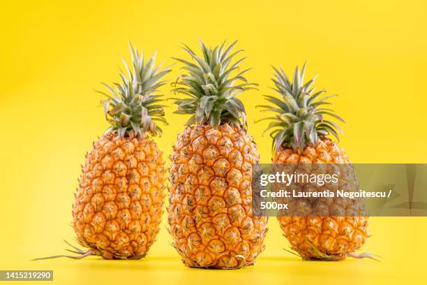 beautiful fresh pineapple isolated on bright yellow background,summer seasonal fruit design idea pa - pineapple stockfoto's en -beelden