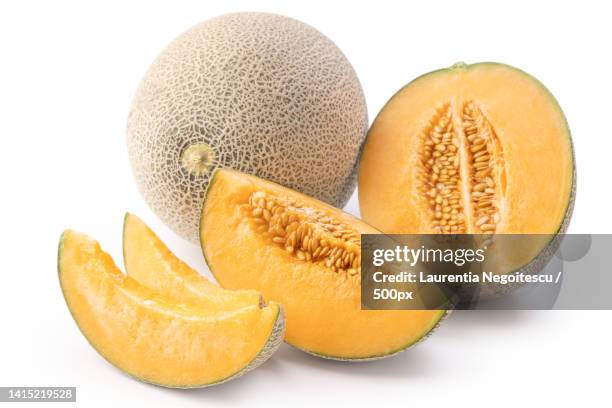 beautiful tasty sliced juicy cantaloupe melon,muskmelon,rock melon isolated on white background,c - muskmelon stock pictures, royalty-free photos & images