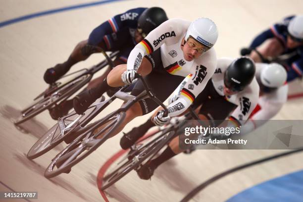 Marc Jurczyk of Germany competes during the Cycling Track - Men's Keirin Final 1-6 on day 6 of the European Championships Munich 2022 at Messe...