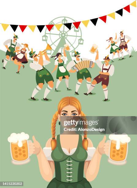 beer fest. beer party. a young woman holding two beer mugs. - munich autumn stock illustrations