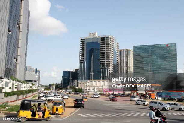 wide angle view of high-rise technology buildings, hyderabad,india - hyderabad india skyline stock pictures, royalty-free photos & images