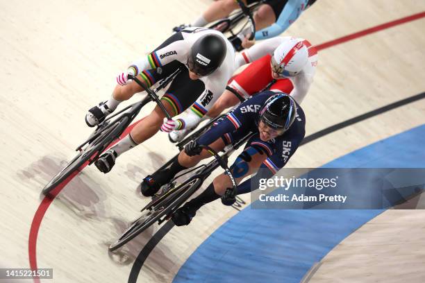 Lea Sophie Friedrich of Germany and Mathilde Gros of France compete during the Cycling Track - Women's Keirin FInal 1-6 match on day 6 of the...