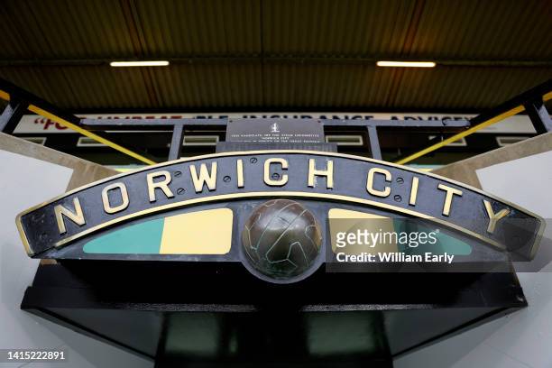 Close up of details including the club name displayed from a railway locomotive nameplate before the Sky Bet Championship between Norwich City and...