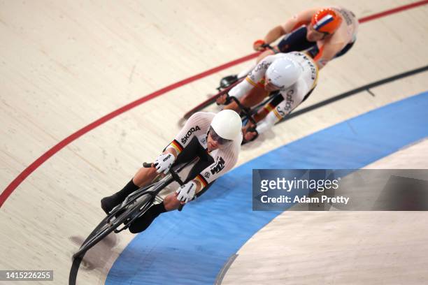 Theo Reinhardt of Germany competes in the Men's Madison Final during the cycling track competition on day 6 of the European Championships Munich 2022...