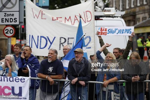 Protesters demonstrate outside the conservative leadership party hustings in Perth on August 16, 2022 in Perth, Scotland. Foreign Secretary, Liz...