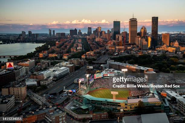 An aerial general view during a game between the Boston Red Sox and the New York Yankees on August 13, 2022 at Fenway Park in Boston, Massachusetts.