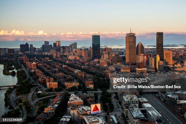 An aerial general view of the Boston skyline during a game between the Boston Red Sox and the New York Yankees on August 13, 2022 at Fenway Park in...