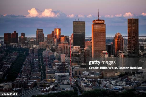 An aerial general view of the Boston skyline during a game between the Boston Red Sox and the New York Yankees on August 13, 2022 at Fenway Park in...