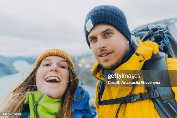 happy selfie in the norwegian mountains - rock climber bildbanksfoton och bilder