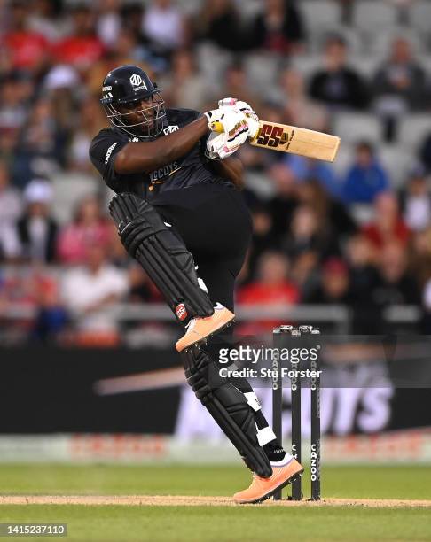 Originals batter Andre Russell hits out during The Hundred match between Manchester Originals Men and Welsh Fire Men at Emirates Old Trafford on...