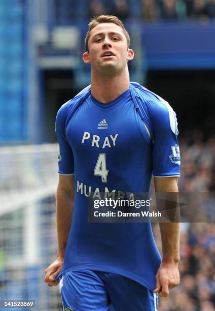 Gary Cahill of Chelsea's solemn celebration in tribute to Fabrice Muamba after he scores the opening goal during the FA Cup Sixth Round match between...