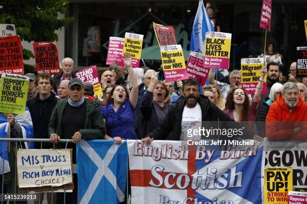 Protesters gather outside Perth Concert Hall in Perth, Scotland, where Conservative leadership hopefuls, Liz Truss and Rishi Sunak are due to take...