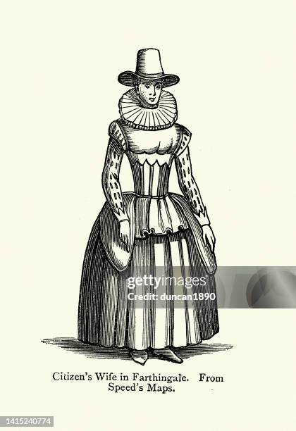 ilustrações, clipart, desenhos animados e ícones de ilustração vintage esposa do cidadão vestindo um farthingale, moda do século xvii - 17th century style