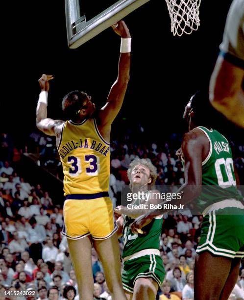 Boston Celtics Larry Bird, Lakers Kareem Abdul-Jabbar and Robert Parish during 1985 NBA Finals between Los Angeles Lakers and Boston Celtics, June 2,...