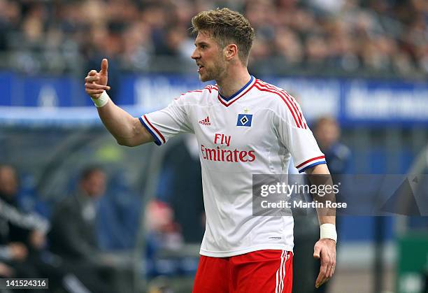 Slobodan Rajkovic of Hamburg reacts during the Bundsliga match between Hamburger SV and SC Freiburg at Imtech Arena on March 17, 2012 in Hamburg,...