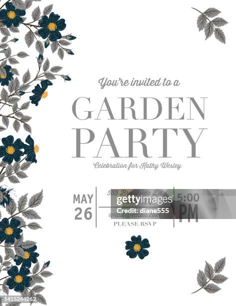 wild roses garden party einladung in schwarz und grau - birthday invitation stock-grafiken, -clipart, -cartoons und -symbole