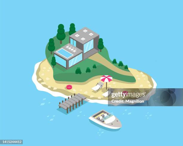 island with villa and pier isometric illustration - modern luxury house exterior stock illustrations